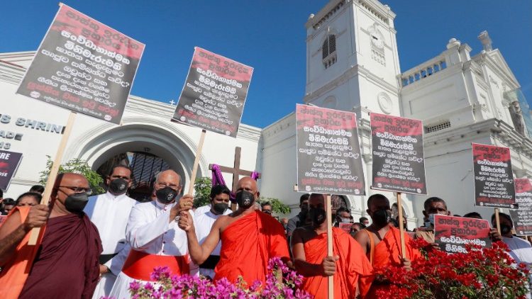Sri Lanka's Buddhist monks join Card. M. Ranjith in a protest in March, 2021, to demand justice in the 2019 Easter Sunday church bombings.