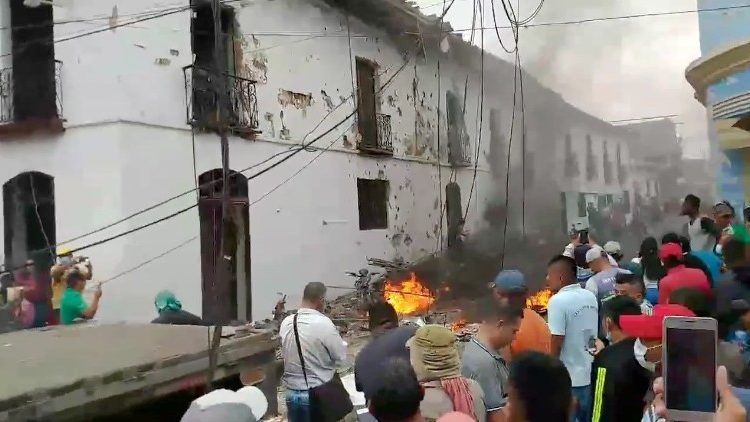 The aftermath of a blast in front of the town hall in Corinto, Colombia.