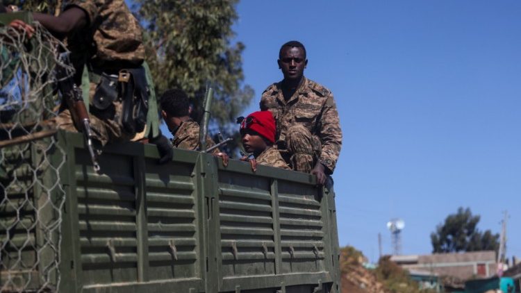 Äthiopische Soldaten in der Nähe von Adigrat in der Region Tigray am 18. März 2021