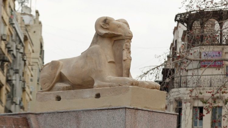 A pharaonic ram after the renovation of Tahir Square for transferring 22 mummies to the National Mujseum of Egyptian Civilization