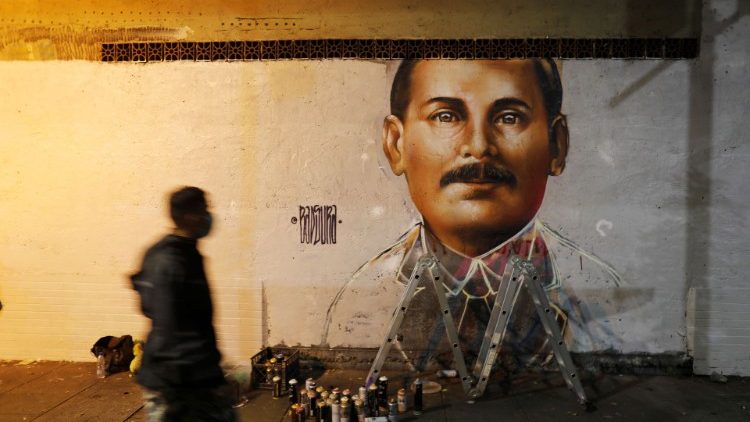 Un mural del "médico de los pobres", José Gregorio Hernández que será beatificado el 30 de abril 2021 en Venezuela.