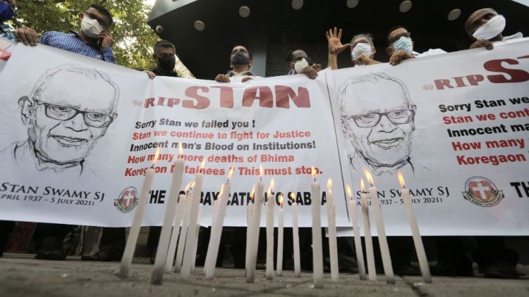 Protestors demanding justice for Father Stan Swamy.  