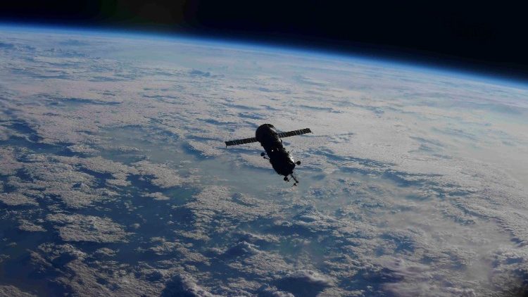A spacecraft is photographed after undocking from the International Space Station