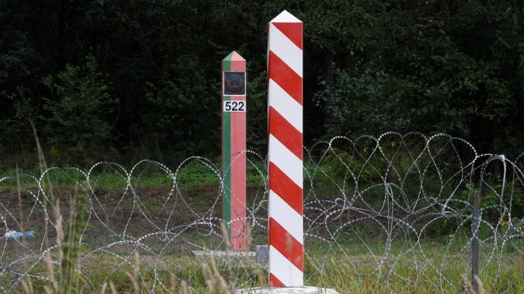 Border signs pictured at the Polish-Belarusian border near the village of Usnarz Gorny