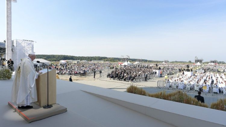 Pope Francis celebrates Mass at Šaštín with about 60,000 faithful present
