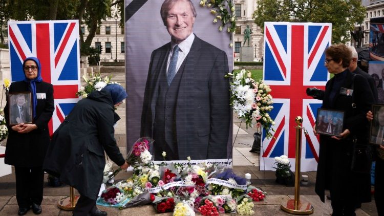 Tributes for Sir David Amess  outside the Houses of Parliament in London after he was stabbed to death on 15 October 2021