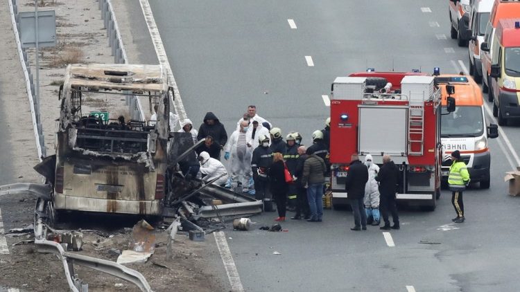 A view shows the site where a bus with North Macedonian plates caught fire on a highway, near the village of Bosnek, Bulgaria