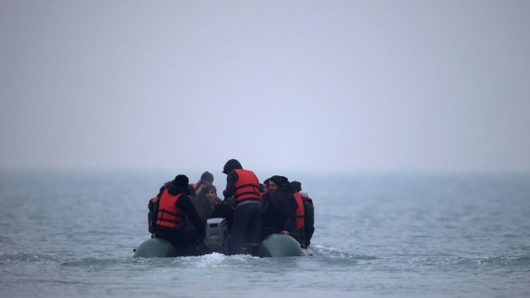 A group of migrants on an inflatable boat attempting to cross the English Channel