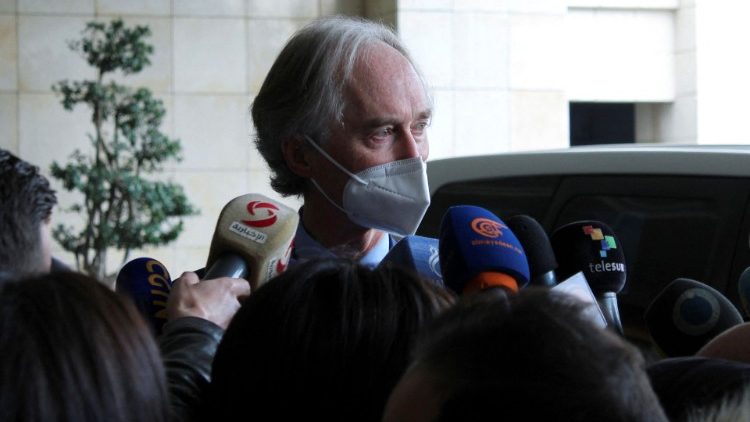 UN Special Envoy for Syria Pedersen speaks to journalists outside a hotel in Damascus