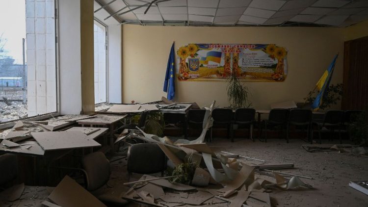 A destroyed school building in Zhytomyr, Ukraine