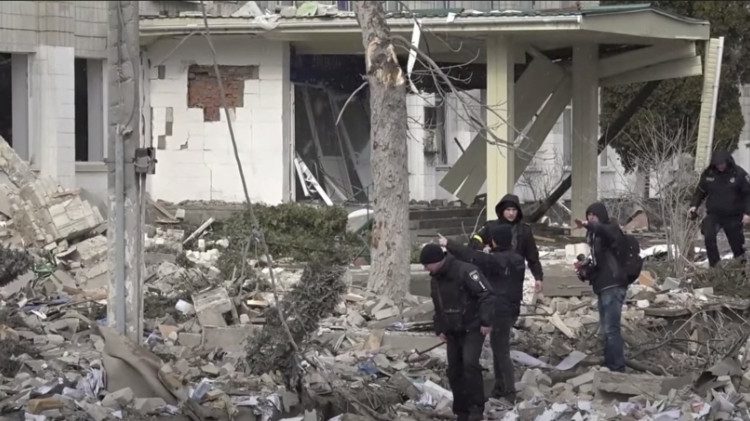 A view shows a destroyed school building in Zhytomy, Ukraine