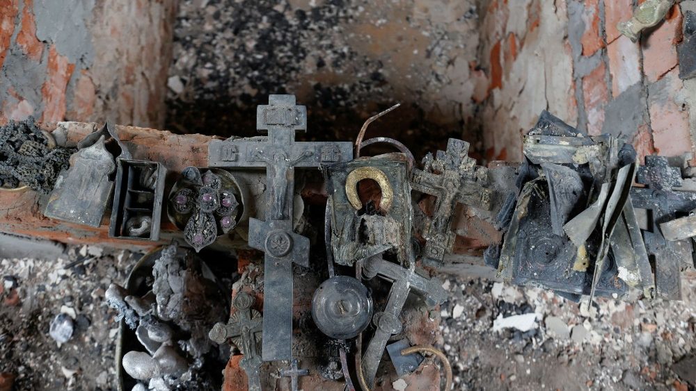 Religious items inside an orthodox church building damaged by heavy shelling in Chernihiv