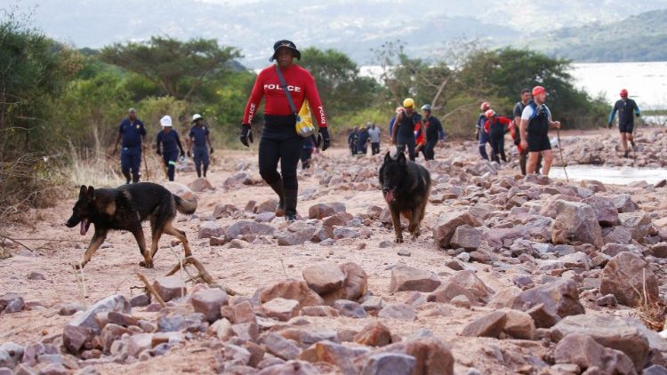 Squadre di soccorso usano cani da tracciamento per vittime delle inondazioni, Durban, Sud Afriac