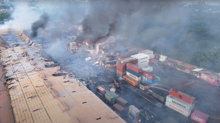 Smoke rising from the container depot in Bangladesh