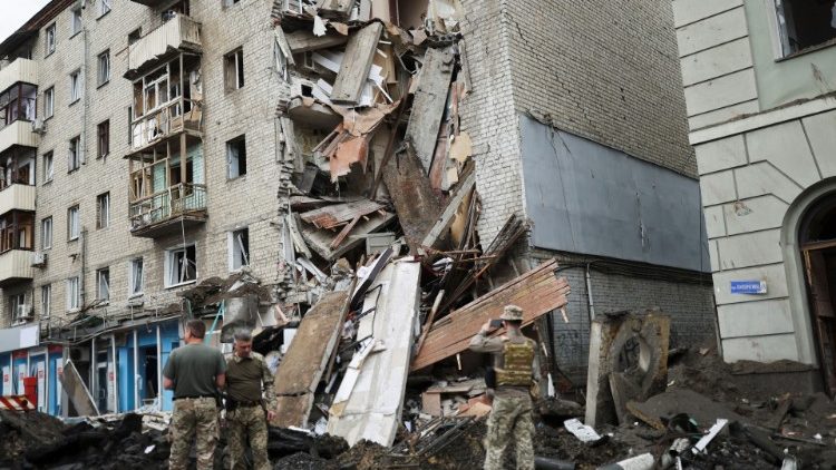 A building bombed by Russian forces in the Ukrainian city of Kharkiv