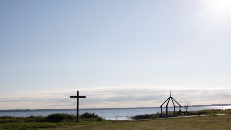 A cross is seen ahead of the visit of Pope Francis to the pilgrimage site of Lac Ste Anne, Alberta, Canada