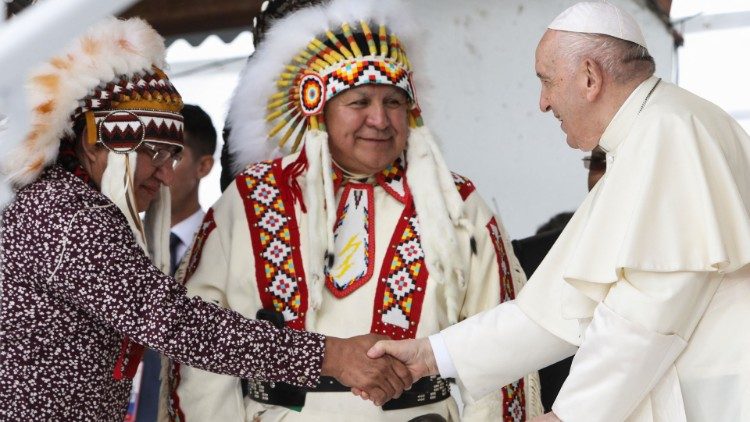 Pope Francis meeting First Nations, Inuits and Metis during his "Penitential Pilgrimage" to Canada