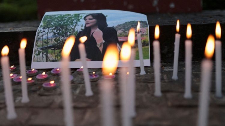 A photo of Mahsa Amini is pictured at a condolence meeting organised by students and activists from Delhi University in support of anti-regime protests in Iran following the death of Mahsa Amini