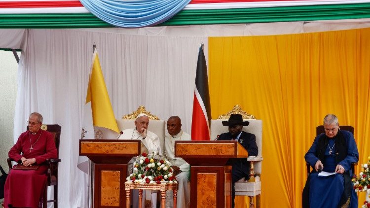 Arcybiskup Canterbury Justin Welby, Papież Franciszek, prezydent Sudanu Płd. Salva Kiir Mayardit i Moderator Kościoła Szkocji Iain Greenshields, Dżuba, 3 lutego 2023