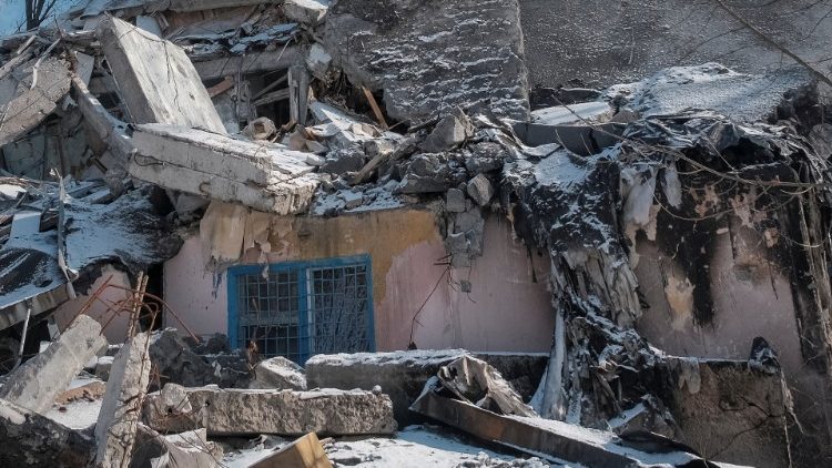 A general view shows a building damaged by a Russian military strike in Vuhledar