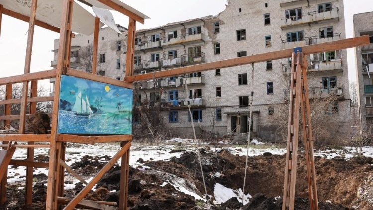 A view shows a crater from recent shelling at a playground in Chasiv Yar, near the frontline, in the eastern region of Donetsk, Ukraine