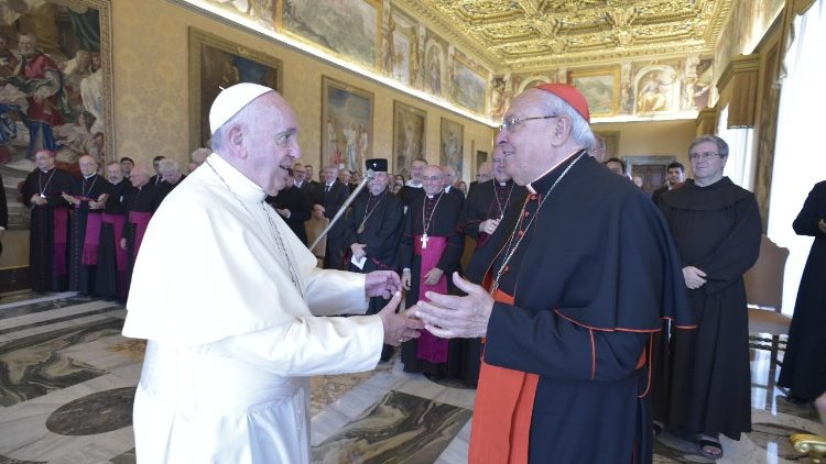 El Papa Francisco saluda al cardenal Leonardo Sandri, Prefecto de la Congregación para las Iglesias Orientales y Presidente de ROACO, en la audiencia con los miembros del organismo en 2018. 