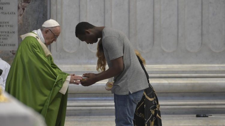 Pope Francis at Mass for migrants and refugees on July 6, 2018, in St. Peter's Basilica, Rome. 