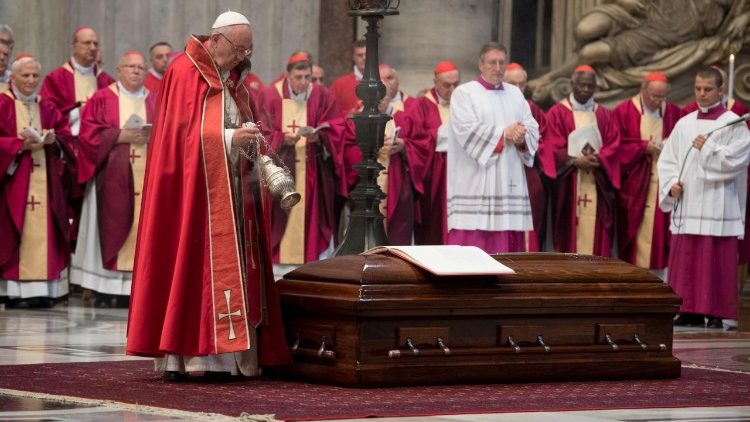 Pope Francis during the final incensation at the conclusion of the Requiem Mass for Cardinal Jean-Louis Tauran