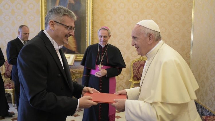 Pope Francis accepting the credentials of new Czech ambassador to the Holy See, Vaclav Kolaja, on September 6, 2018.