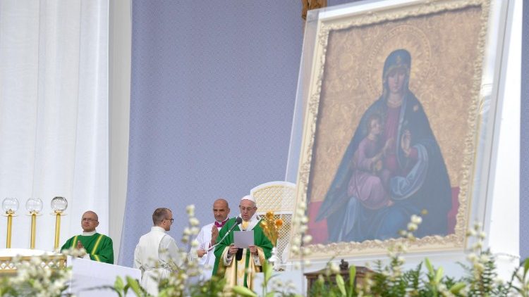 Pope Francis  at Mass in Kaunas, Lithuania on September 23, 2018.