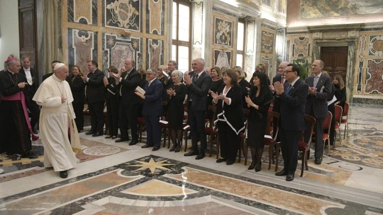 Pope Francis meeting  the "Patrons of the Arts in the Vatican Museums"  on September 28, 2018. 