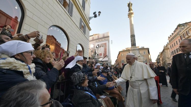 Pope greets the faithful gathered in Piazza di Spagna for the veneration of the image of Mary Immaculate