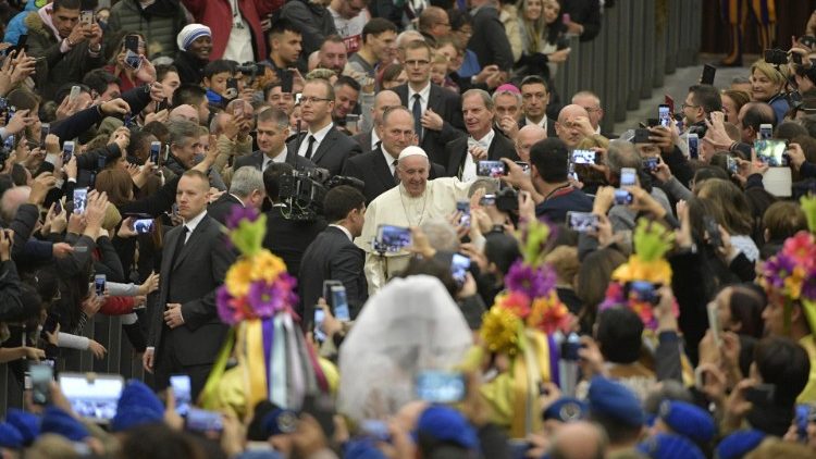Pope Francis arrives at the General Audience in the Paul VI Hall
