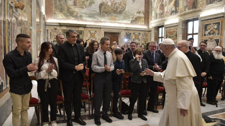 Pope Francis meeting officials, staff and collaborators of Telepace on December 13, 2018. 
