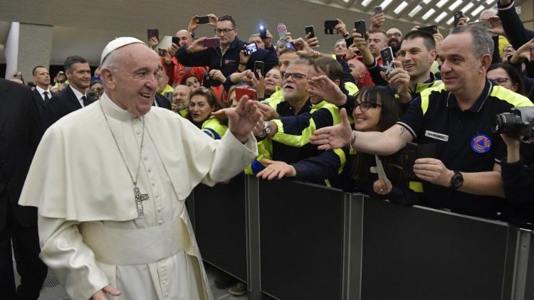Pope Francis greets members of the National Civil Protection Service of Italy