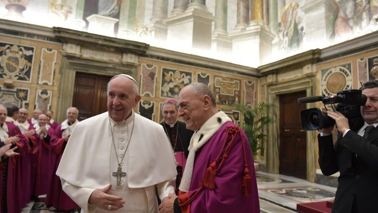 Pope Francis greets members of the Roman Rota