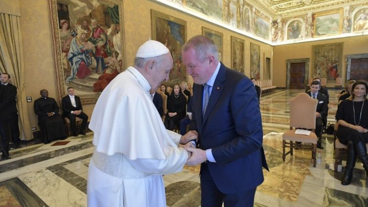 Pope Francis greets John McCaffrey at the audience with the Galileo Foundation