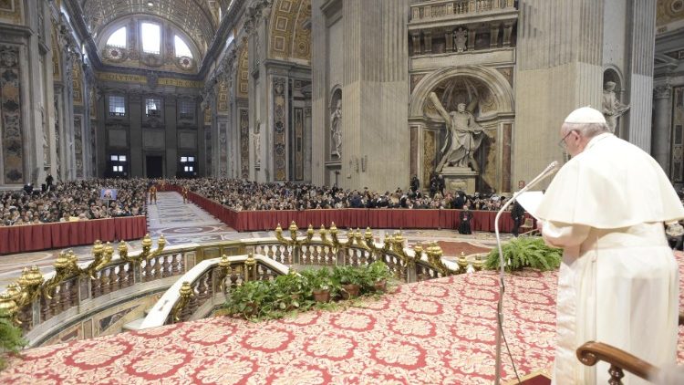 Pope addressing pilgrims from Italy's Benevento Diocese in St. Peter's Basilica on Feb. 20, 2019.