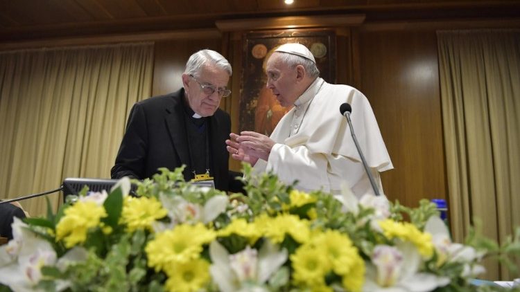 The Moderator of the Conference of Bishops on protection of Minors, Fr. Federico Lombardi sj with Pope Francis in the venue, the Synod Hall