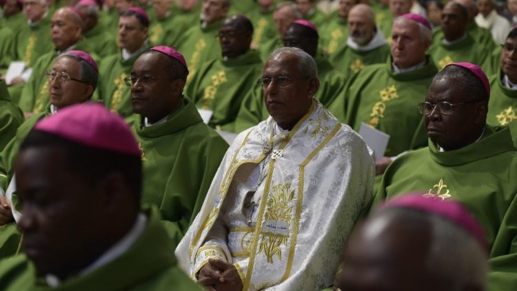 Škofje, udeleženci srečanja, pozorno poslušajo papežev sklepni govor.