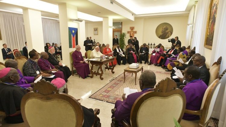 Pope Francis hosts a spiritual retreat for South Sudan leaders in the Vatican in April 2019 