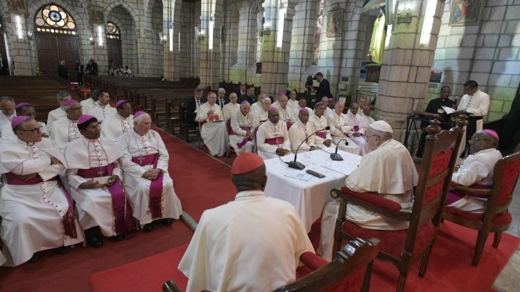 Pope Francis addressing the bishops of Madagascar in Andohalo Cathedral, in Antananarivo.
