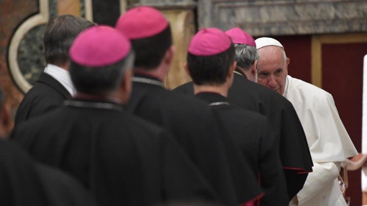 Pope Francis greets newly-ordained Bishops