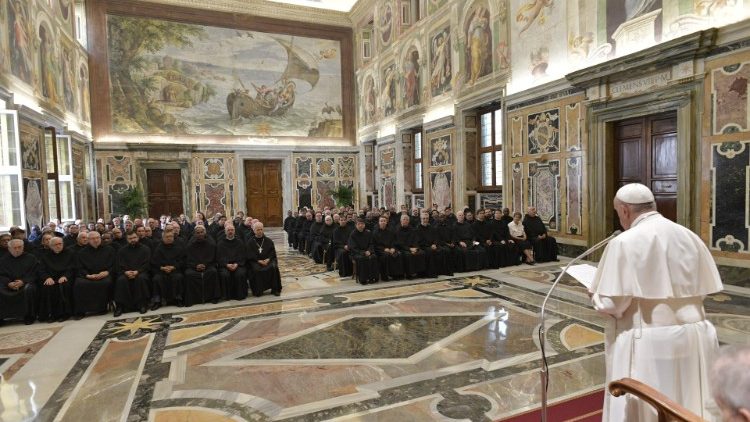 Pope Francis addressing members of the General Chapter of the Augustinians. 