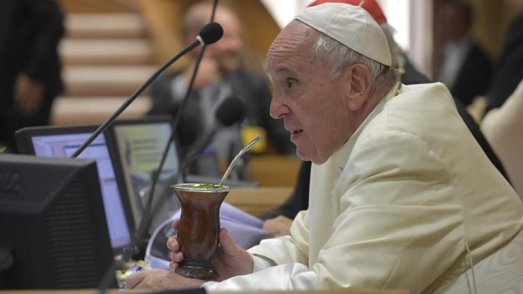 Pope Francis in the General Congregation sipping the herbal drink of Argentina