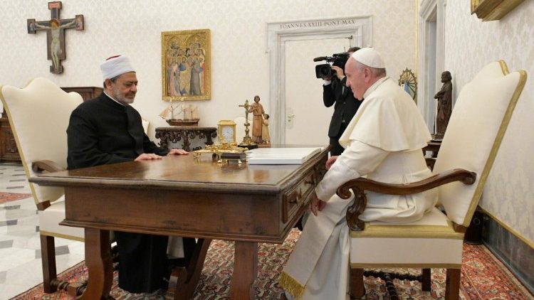 Pope Francis holding talks with Grand Imam Ahmed Al-Tayeb of Al-Azhar of Egypt .