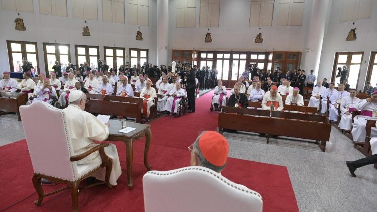 Pope Francis meeting Thai and FABC member bishops in Bangkok, Thailand Nov. 22, 2019.  