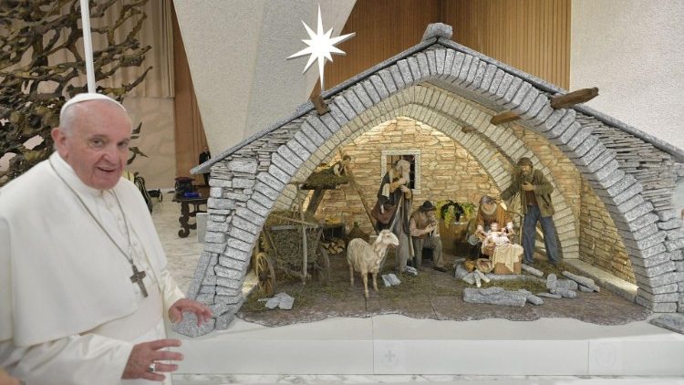 Pope Francis with the Nativity Scene in the Paul VI Hall