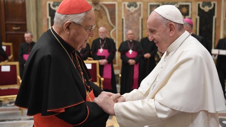 Pope Francis greeting Cardinal Angelo Sodano. 