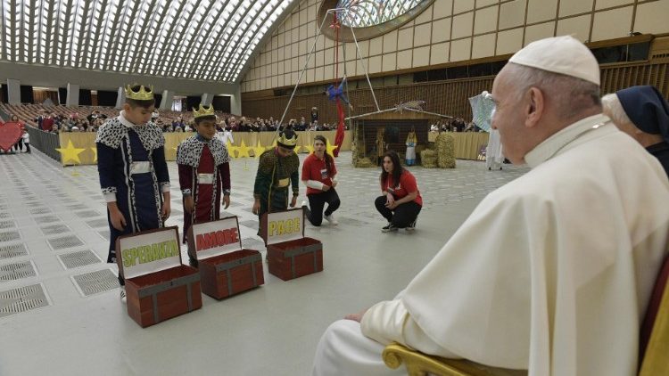 Pope Francis receives the famililes of those who serve and who are assisted at the Santa Marta Dispensary 